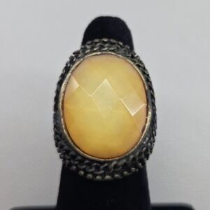 Vintage Bronze Tone Faux Amber Faceted Resin Oval Statement Cocktail Ring Size 7